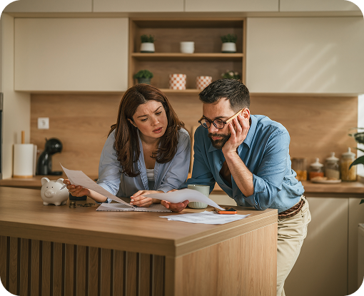 Two people reviewing paperwork together in a kitchen