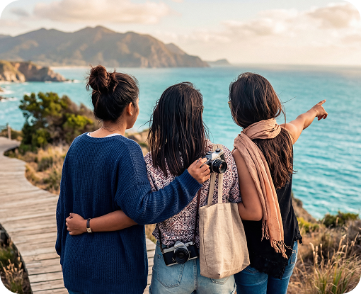 A group on a coastal path pointing out to sea