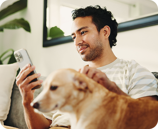 A person sitting with a dog and looking at a phone