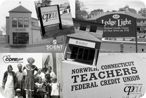 A collage of historic newspaper clippings and logos from the legacy credit unions